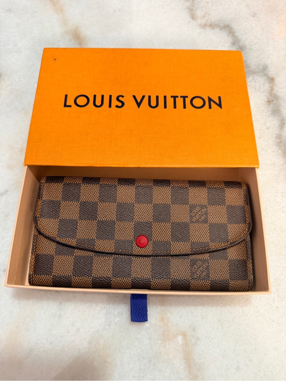 Louis Vuitton Emilie Damier Ebene Wallet with Red Snap